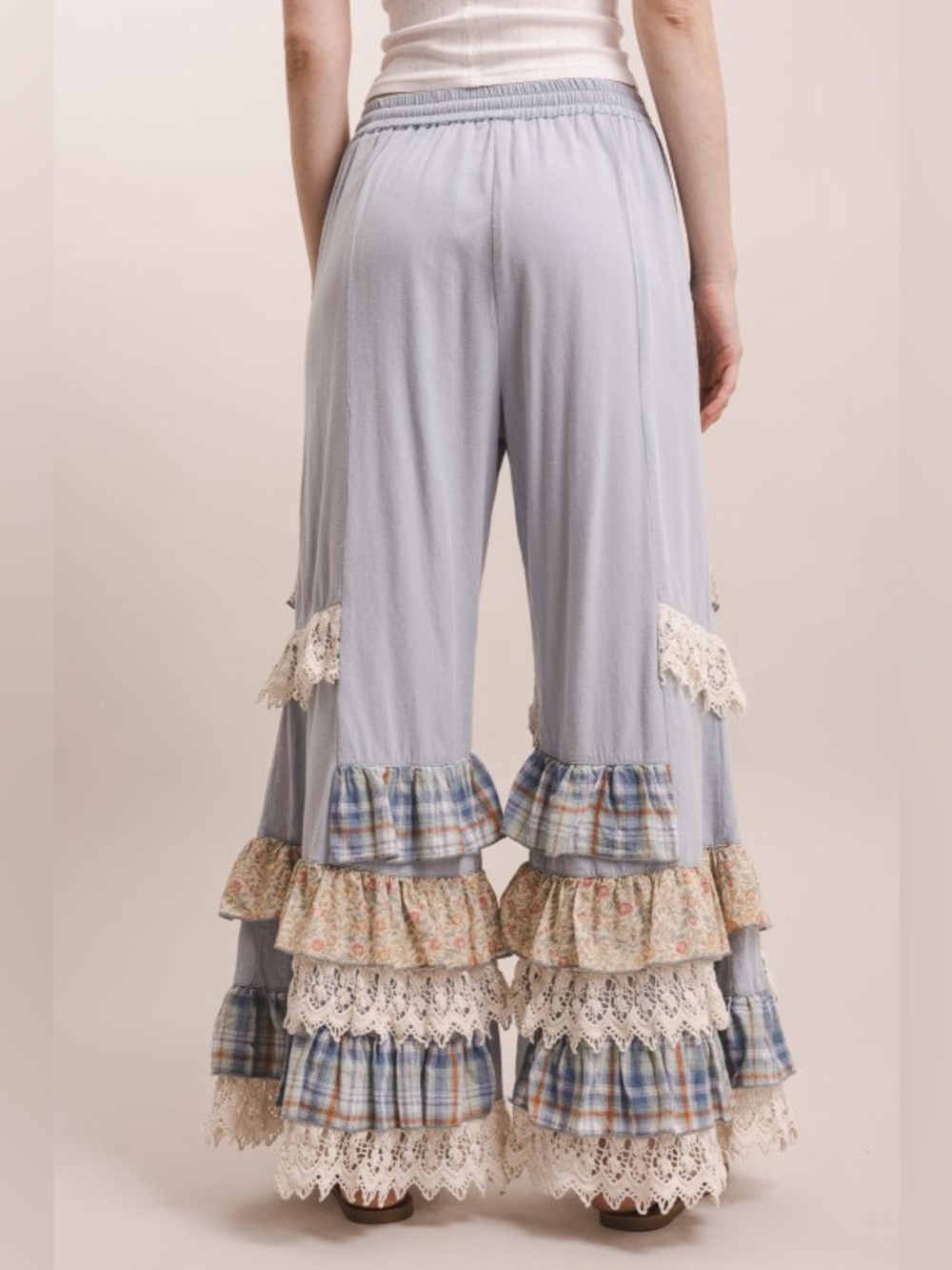 Bluevelvet mineral washed lace embroidered patchwork ruffle bohemian floral pant - Picture 3 of 5